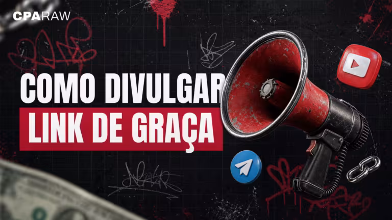 Megafone vermelho com ícones do YouTube e do Telegram e elo de corrente em parede de rua com pixo