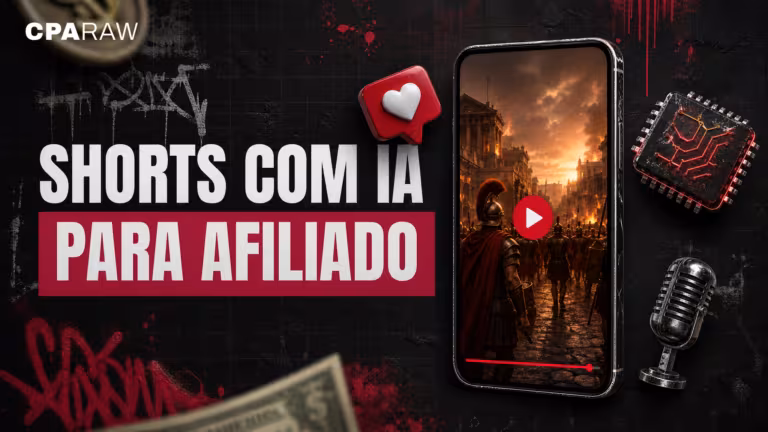 Celular tocando um Short gerado por IA com legião romana, balão de curtida, chip de IA e microfone em parede de rua com pixo